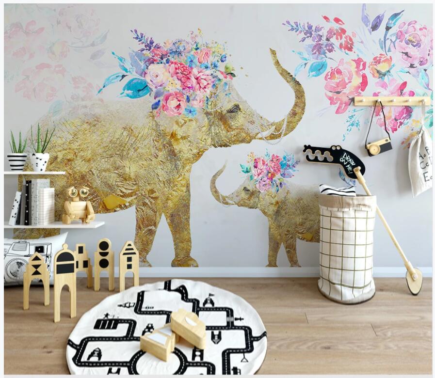 

3d wall murals wallpaper custom photo mural Hand painted golden elephant flower living Room home decor 3d wall murals for walls 3 d, Non-woven