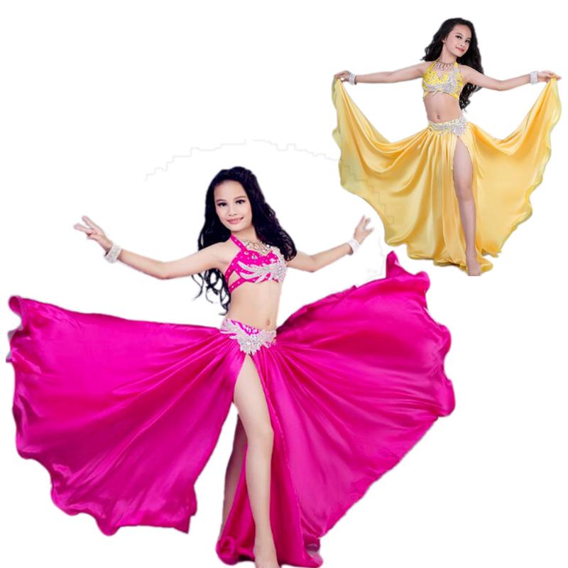 

Girl Luxury Belly Dance Costume Set 2PC Stage Performance Bra Long Skirt Childrenl Bellydance Practice Clothes Kids Dancing Suit, Yellow