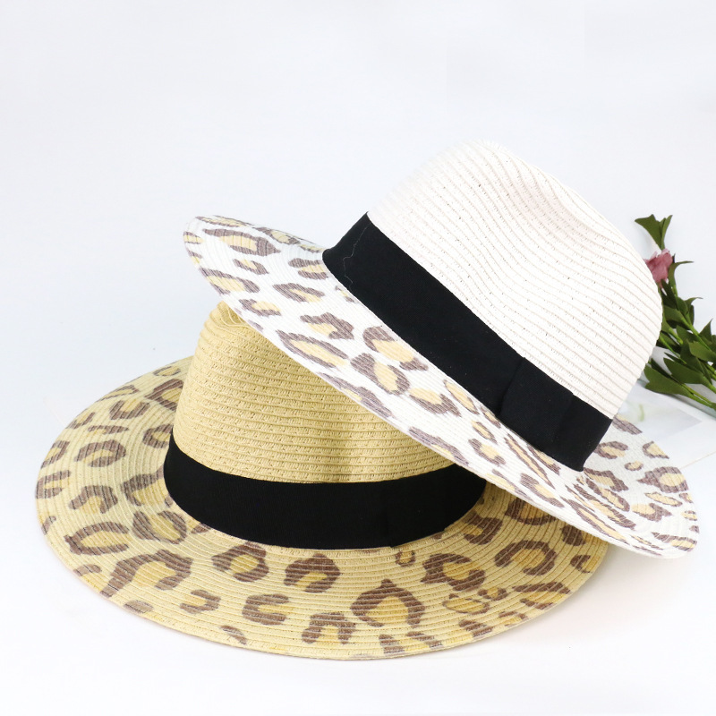 

Women New Style Leopard UV Protection Seaside Holiday Sunbonnet Visor Caps Beach Straw Hat Panama Cap Men Jazz Hat Seaside, White