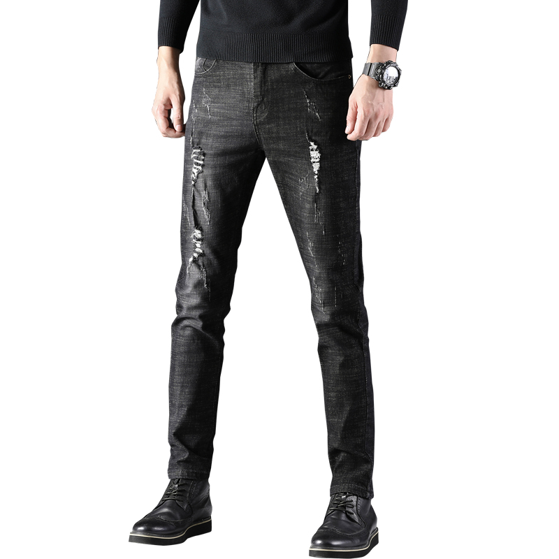 

Men Ripped Jeans For Men Casual Blue Skinny SlimFit Denim Pants Biker Hip Hop Jeans With Sexy Holel Streetwear Trouser, Black
