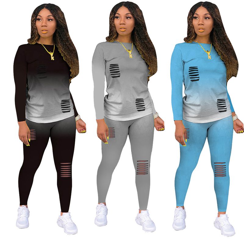 

ZKYZWX Gradient Solid Hole Sport Women Two Piece Set Tracksuits Full Seleeve Tops Fashion Joggers Skinny Sweatsuit Suit Outfits, Black