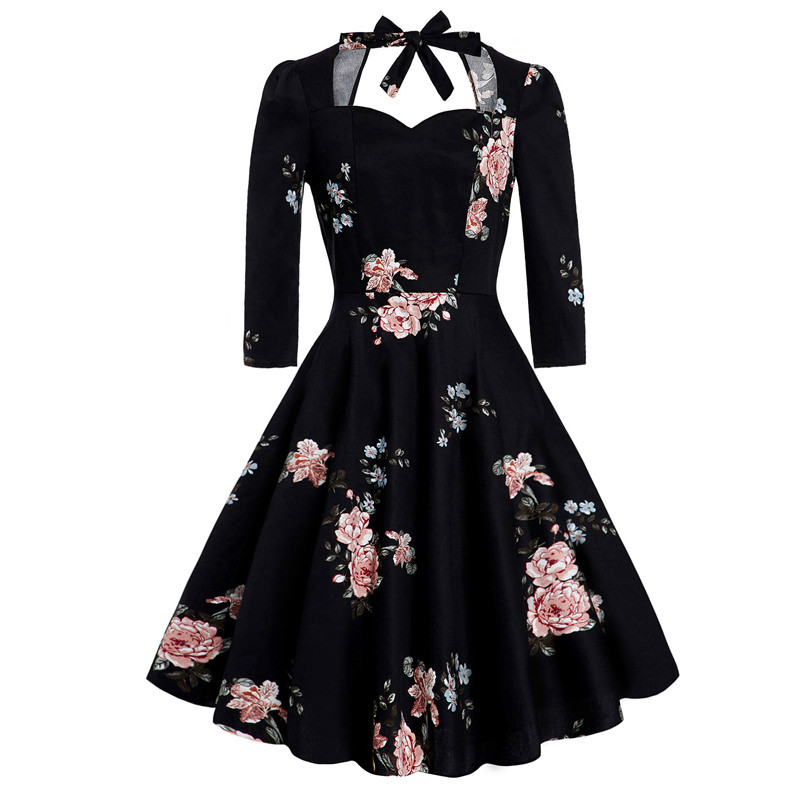 

Elegant Floral Retro Midi Summer Dresses Women V Neck 3/4 Sleeve Sexy Backless Black Party Vintage A Line Big Swing Skater Dress, Flower dress