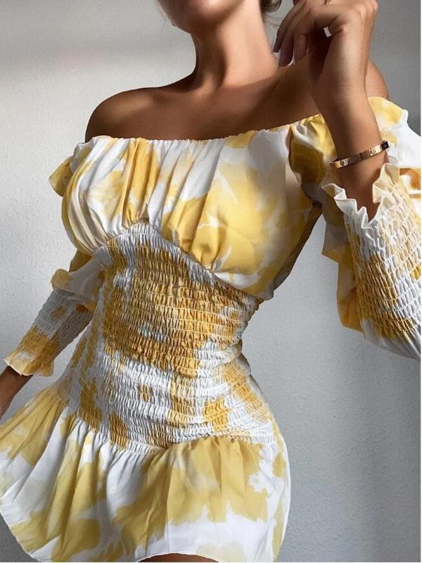 

Square Collar Print Dress Women Spring Puff Long Sleeve Ruffle Off Shoulder Sexy Ruched Party Bandage Club Female Dress Vestidos, Sky blue