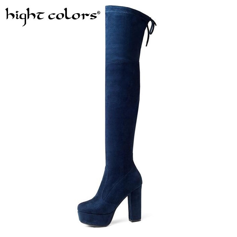 

New Over the knee boots female autumn and winter square heel Faux Suede thigh high boots platform thick high heel women shoes, Khaki