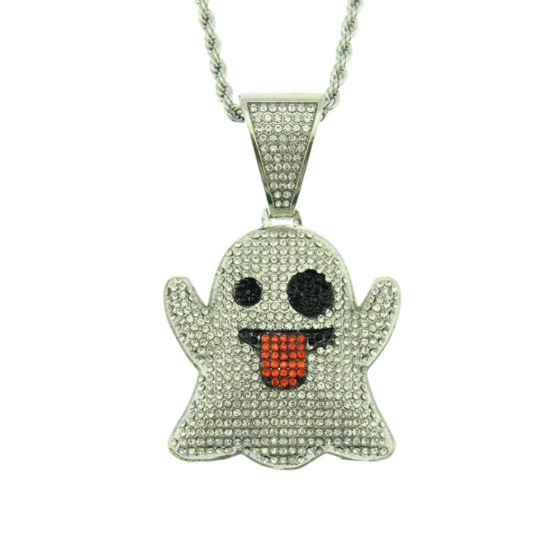 

Iced Out Ghost of Grimace Necklace & Pendant with 3mm Rope Chain Gold Color Bling Cubic Zircon Men's Hip Hop Jewelry for Gift