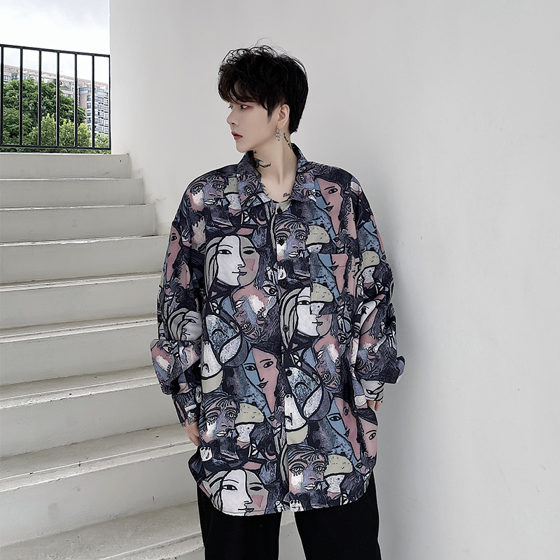 

Men Fashion Print Casual Long Sleeve Shirt Male Streetwear Hip Hop Vintage Loose Dress Shirts, H1071