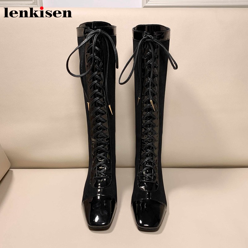 

Lenkisen British style fashion cow leather patchwork flock boots square toe med heels lace up zipper women thigh high boots L11, Black
