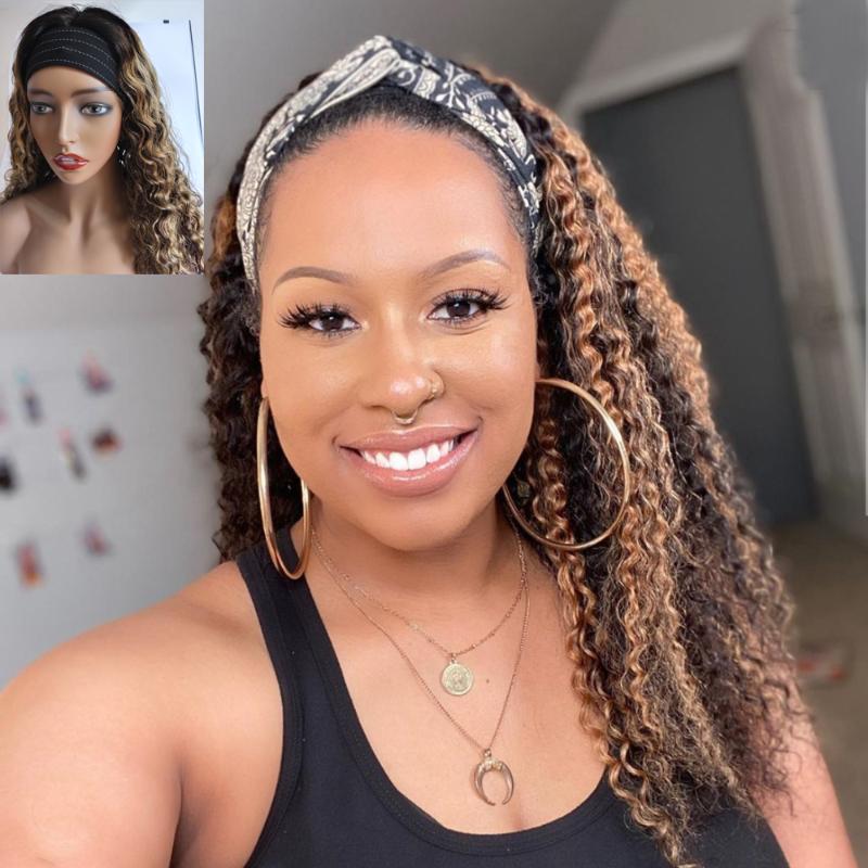 

Brazilian Kinky Curly Wig For Women Human Hair Headband Wig Remy Machine Made Human Hair Wigs Glueless Highlight Ombre Color, As pic
