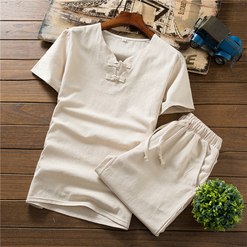 

2020 Autumn Summer Spring Men Shirts And Shorts Chinese Style Cotton Plus Size Solid Color Short Sleeves Free Shipping, Apricot