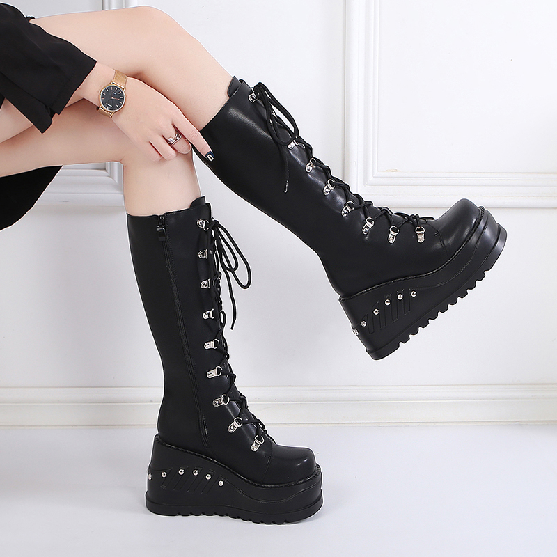 

Womens Platform Heels Classics Gothic Boots Women Knee High Boots Punk Wedge Platform Shoes Black Chunky Botas Para Mujer