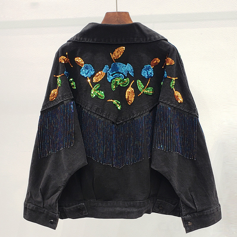 

Spring Autumn Black Streetwear Floral Sequins Denim Jacket Woman Tassel Casual Loose Jeans Coat Female Outwear Chaquetas Mujer