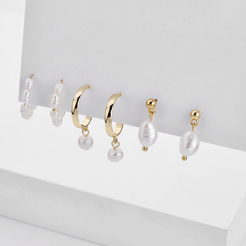 

3 Pairs Earrings Set Freshwater Pearl Huggies Hoop Drop Earring for Women