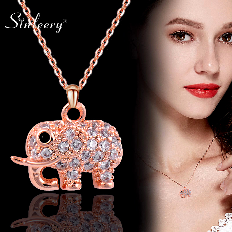 

SINLEERY Chic Elephant Animal Pendant Necklace For Women Rose Gold Silver Color Chain Inlay Tiny Crystal Necklace XL774 SSA