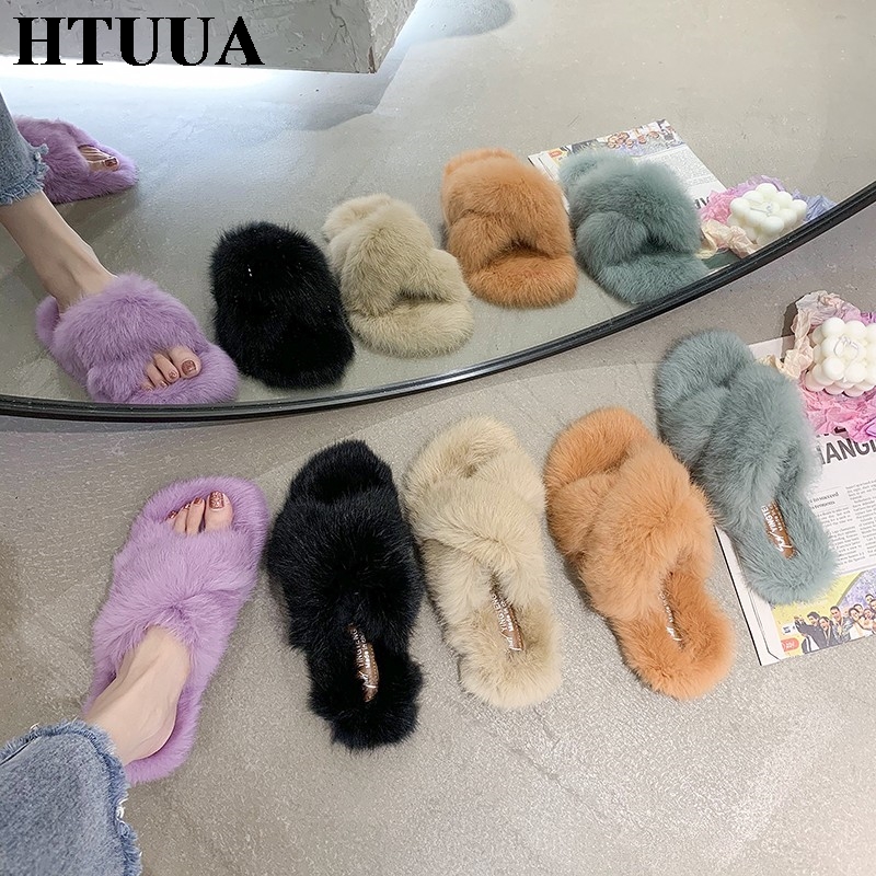 

HTUUA 2020 Fall Winter Plush Women's Fur Slippers Fashion Candy Colors Fluffy Faux Fur Slides Women Flat Flip Flops Shoes SX4216, Black a