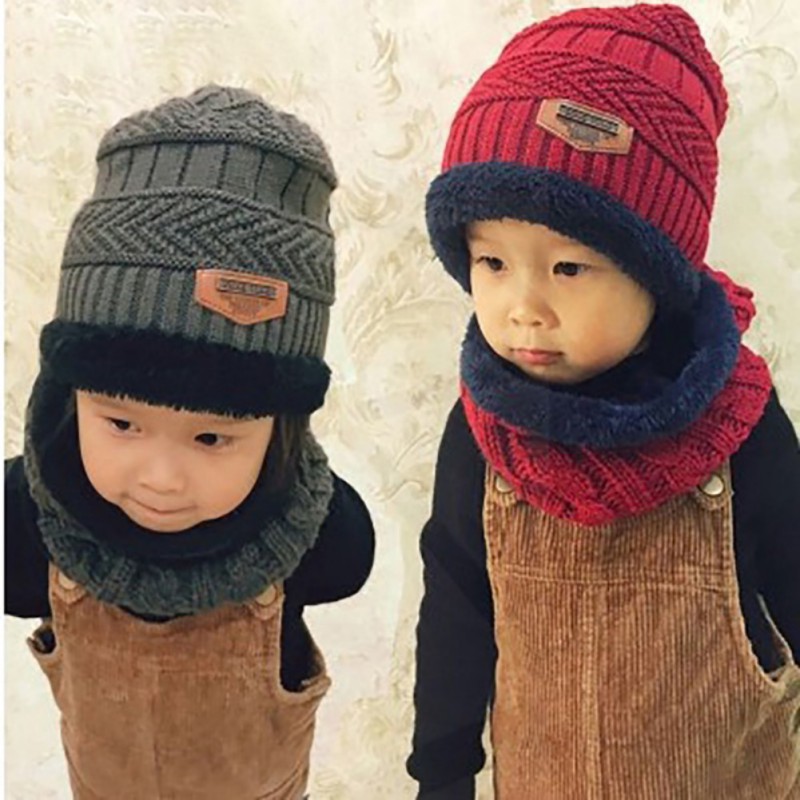 

Children Kids Baby Boys Girls Hat Winter Warmer KniScarf Solid Print Hat Infant Collar Scarves Neckerchief Headwear Set, Red