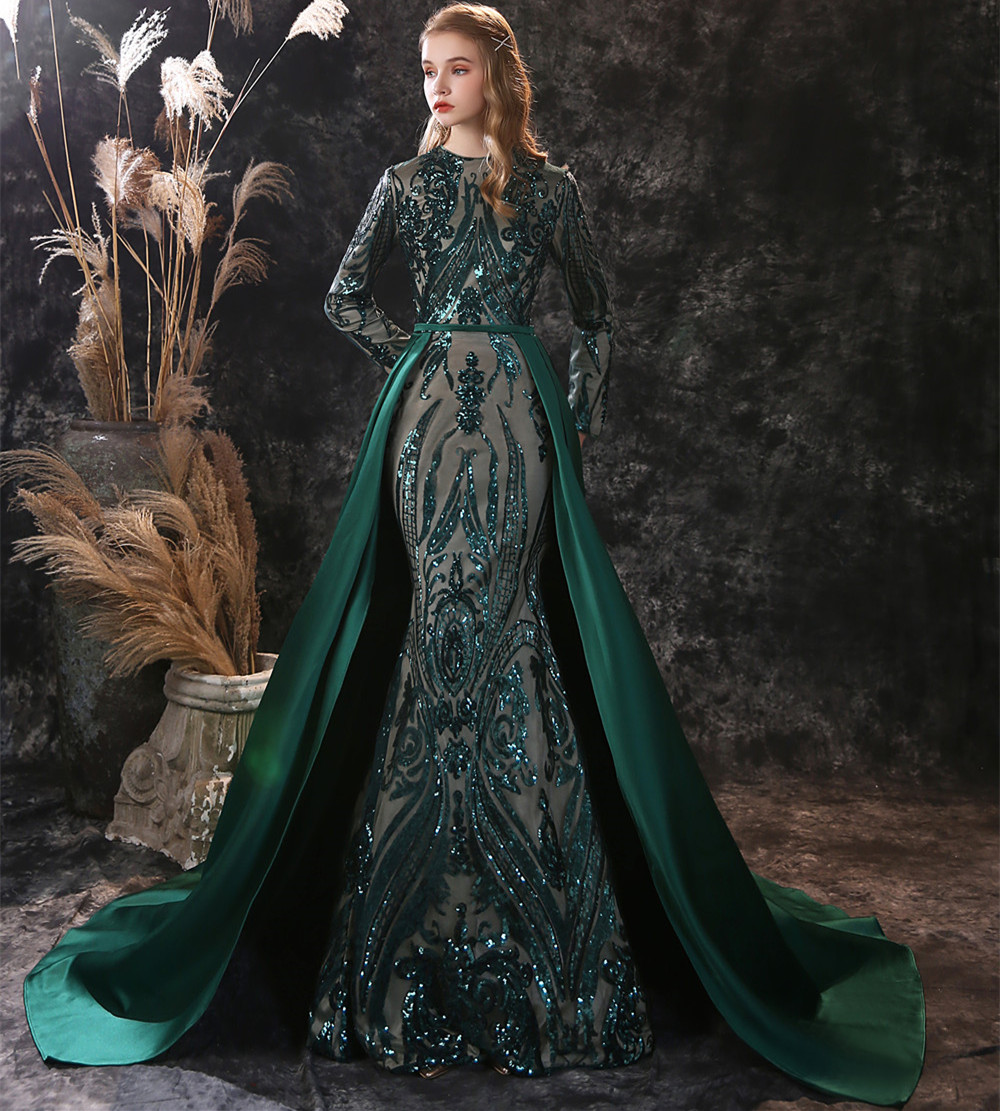 

Fairy Evening Dresses Lace Appliques Sequin Mermaid Prom Gowns 2020 Long Sleeve Detachable Train Special Occasion Dress Real Images, Same as picture