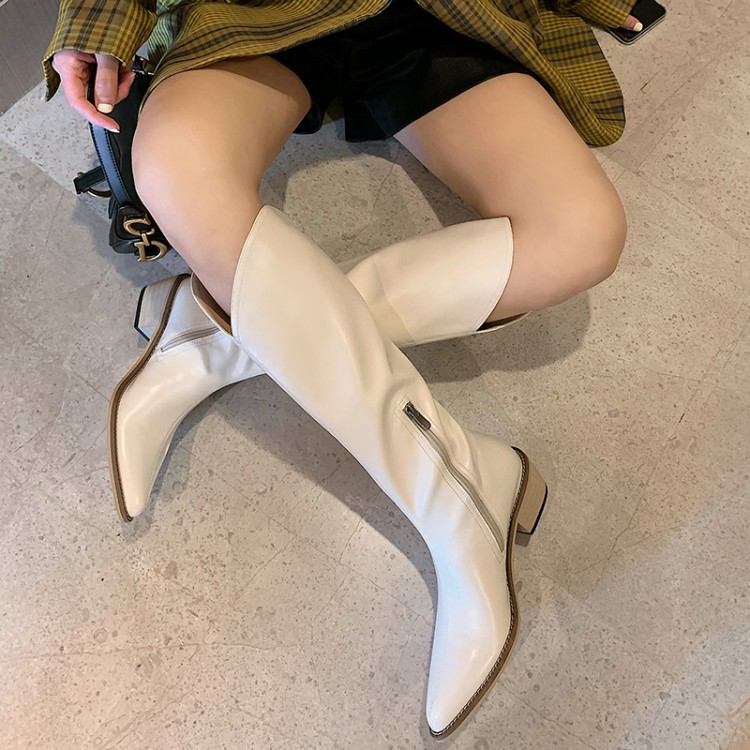 

2020 New Fashion Women Knee High Boots Beige PU Leather Autumn Long Bottes Femme Side Zip Motorcycle Botas Black Knight Botines