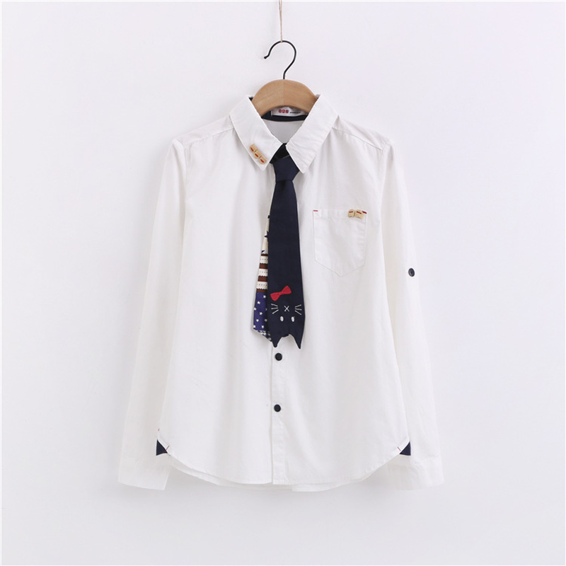 

Preppy Style White Shirt Women Long Sleeved Cartoon Cat Embroidery Mori Girl Kawaii Blouse Casaul Tops Female Clothing with Tie