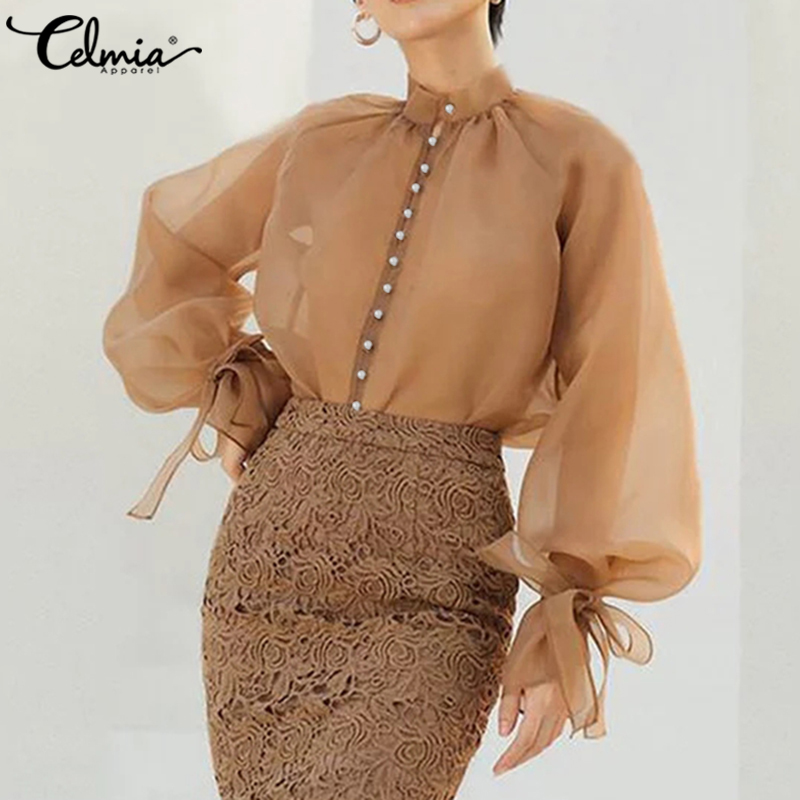 

Celmia Women' Blouses Sexy See Through Transparent Mesh Tops Long Sleeve Sheer Ladies Shirts Casual Buttons Stylish Blusas 5XL, Gray