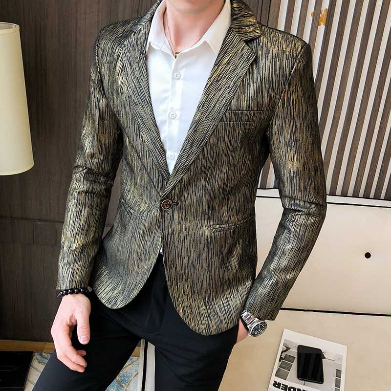 

Spring Male Business Prom Wedding Costume Homme High Quality Blazer Jacket Men Fashion Jacquard Casual Shining Blazer Suit, Gold