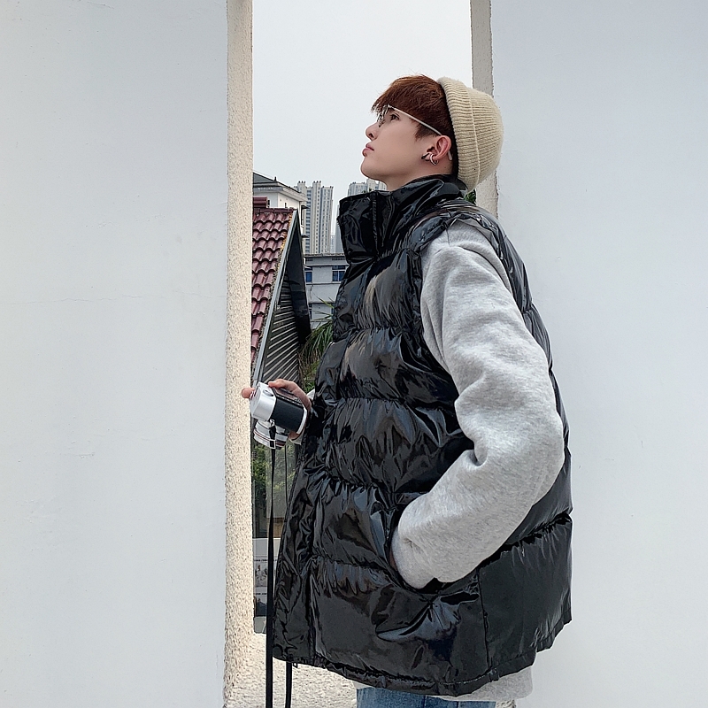 

UYUK2109 Winter New Style Art Casual Loose Fashion Trend Stand Collar Street Plus Velvet Thick Men' Vest Jackets Homme, Black