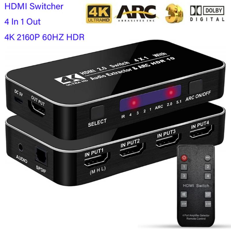 

Switcher 4K 2160P 60HZ HDR 4 In 1 Out Switch 3.5mm jack ARC IR Control For PS3 PS4 HDTV Projector 2.0 Splitter