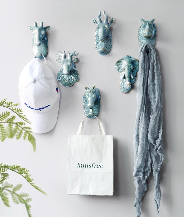 Creative animal head decorative hook Home Storage Porcelain glaze northern deer heads hanging clothes wall top hat hooks-image-580968060
