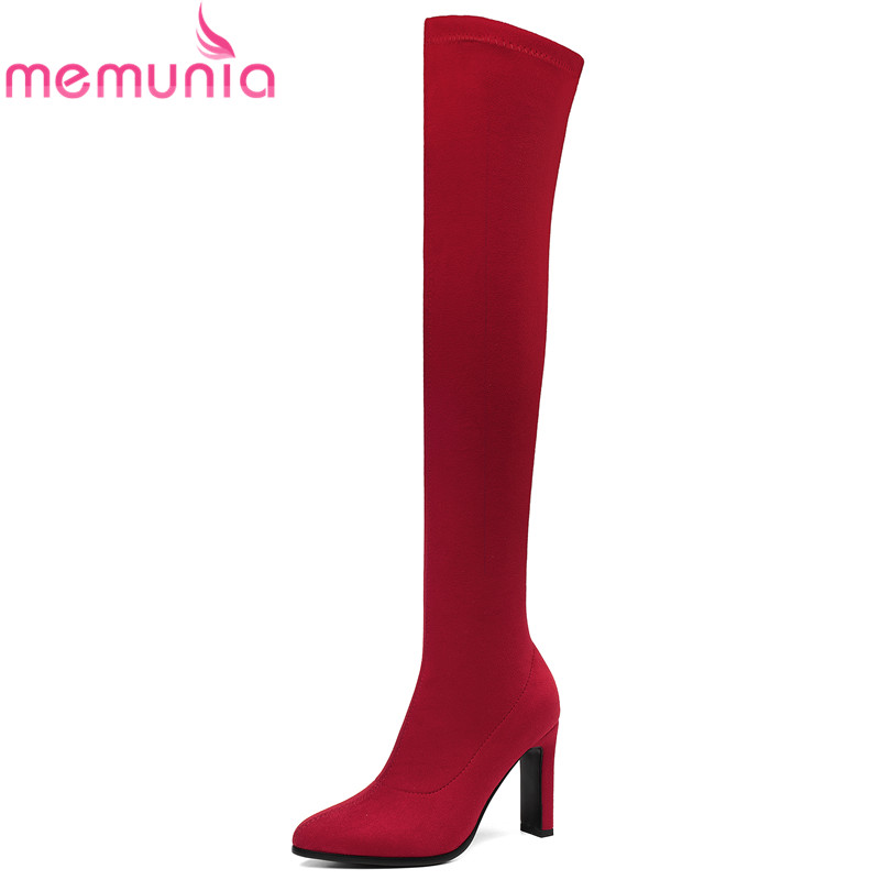 

MEMUNIA Sexy Europe Women's over the knee boots high heels fashion stretch flock winter boots black red ladies thigh high