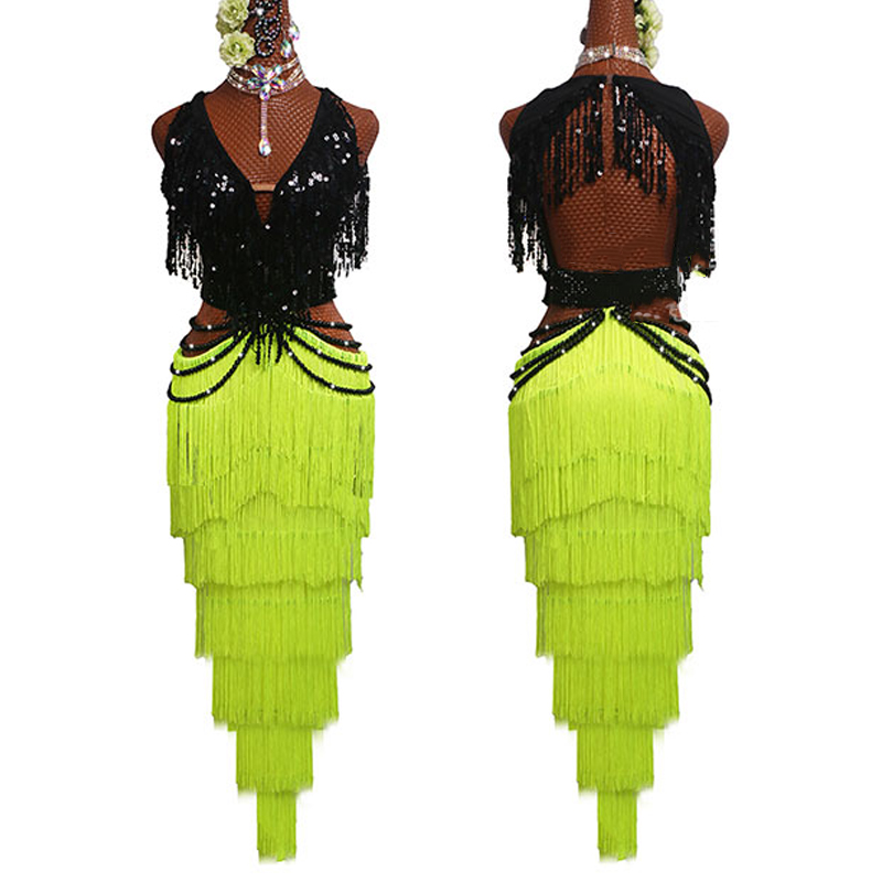 

Sexy Latin Dance Competition Dress Flash Sequin Dance Tops Fluorescent Yellow Fringe Skirt Women Performance Samba Dress, Style 1