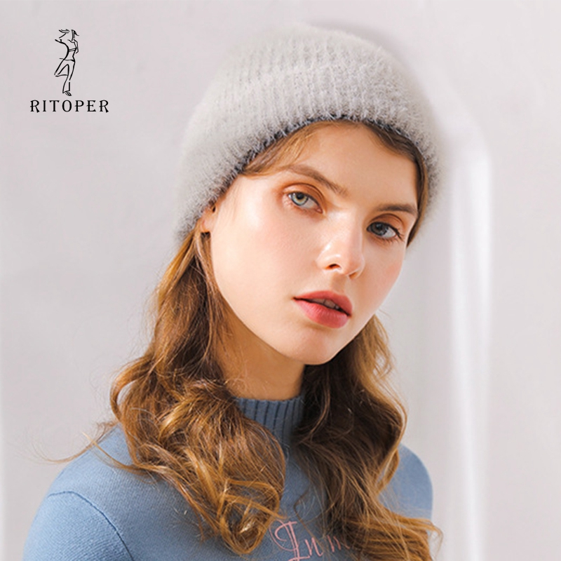

RITOPER Beanies Winter Hat Female For Women Knitted Cotton Thick Cap Imitation Velvet Mane Fur Candy Colors Warm Hot Wholesale, Pink
