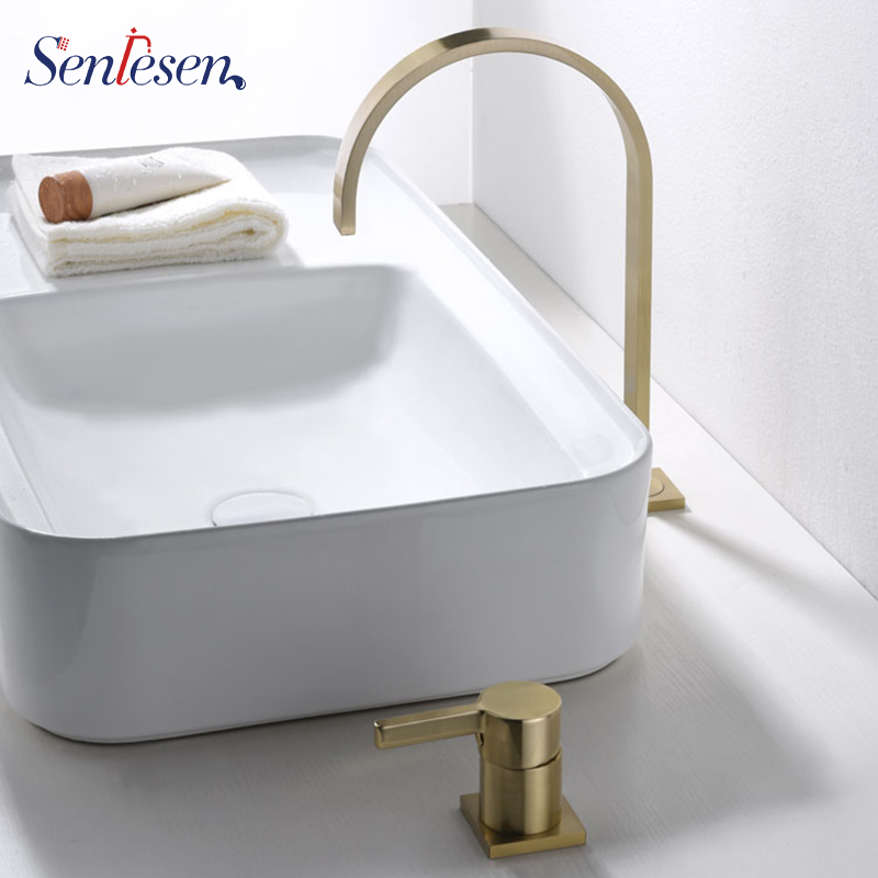 

Senlesen Basin faucet Bathroom Super Long Pipe Two Holes Rose Gold Bathroom Faucet Sink Tap 360 Rotating Basin Tap