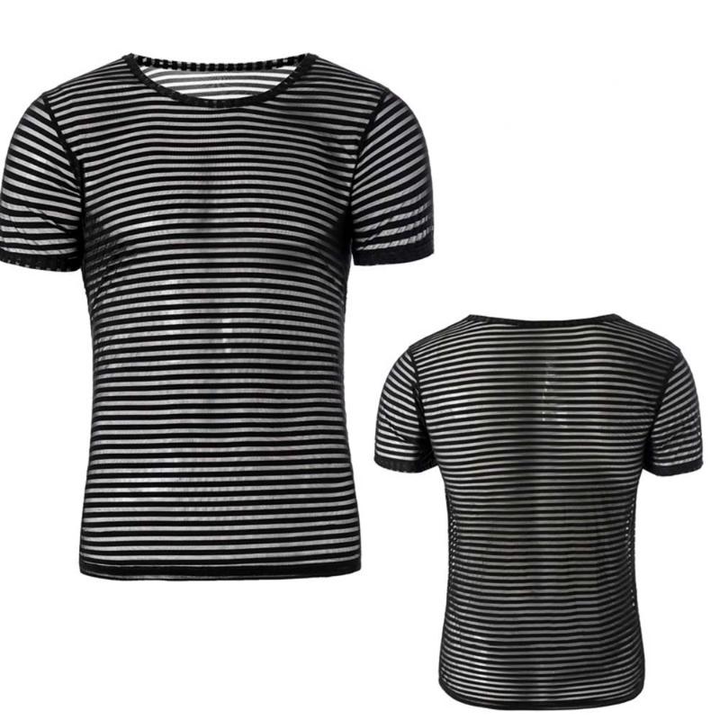 

Unisex Undershirt Sexy Mesh Sheer Basic Shirts O-neck Gay Short Sleeves Slimming Undershirts Inner Tops Pajamas Sleeping Wear, Black