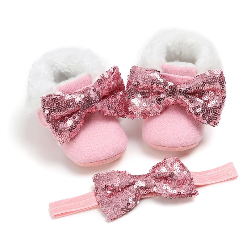 

Baby Girls -12M Winter warm Fleece Booties with big bow Infant Prewalkers + Headband 2PC Kids shoes set, Brown