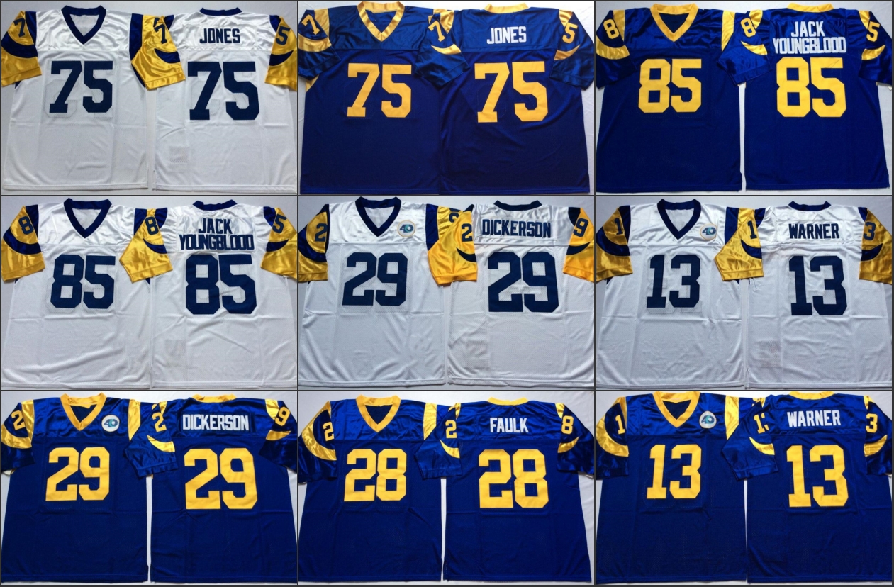 

Ncaa vintage 75 DAVID DEACON JONES 13 Kurt Warner 28 Marshall Faulk 29 Eric Dickerson 85 Jack Youngblood Blue White Retro Football Jerseys