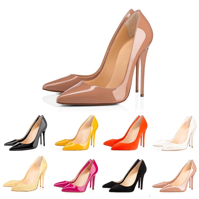

Fuchsia red bottoms lace high heels women party wedding triple white yellow nude pink glitter spikes toes pumps womens dress shoes 35-42, Black