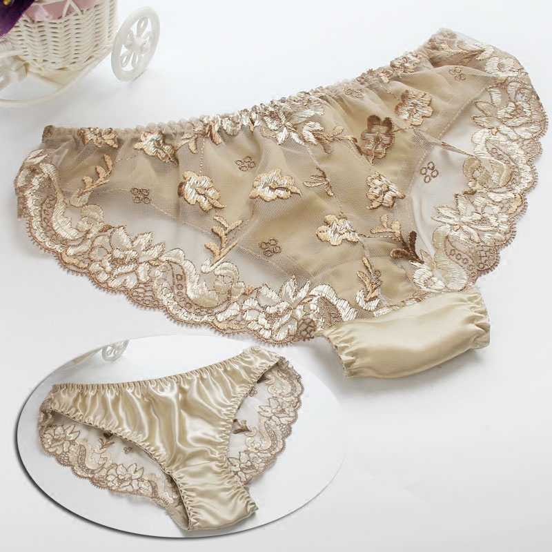 

Ladies pure silk underwear with transparent lace back side embroidery flower briefs high quality women low waist sexy panties, Color will be send by random