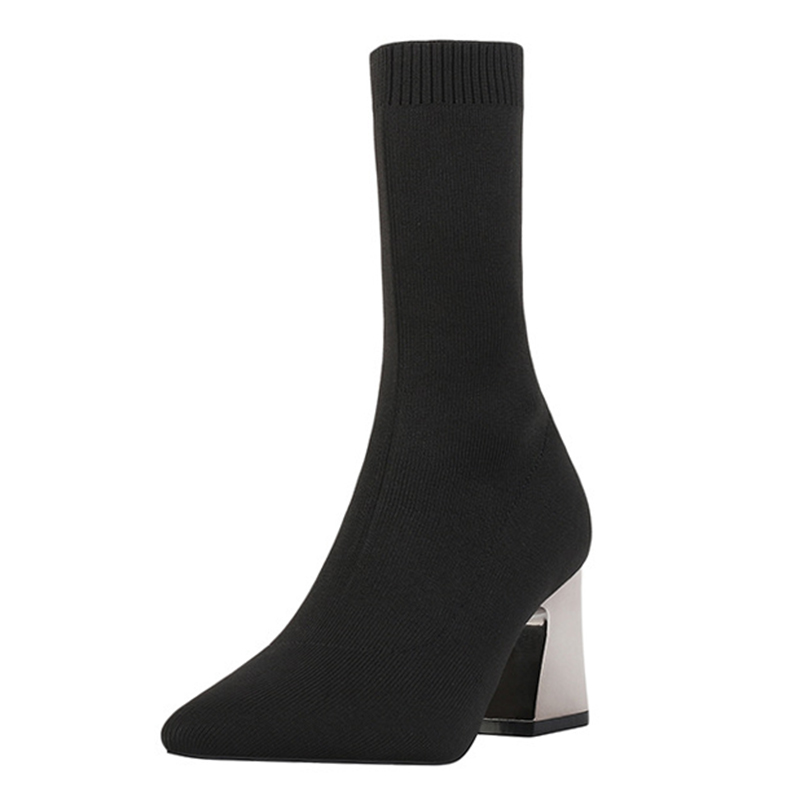 

Women autumn and winter new sexy socks knit boots thick heel short boots high-top pointed ladies large size 34-43, Black