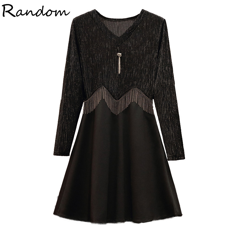 

Lady Vintage Plus Size Elegant SequinSexy Mini Party Dress 2020 Long Sleeve A Line Wrap New Dresses Black Tassel Fall Clothing