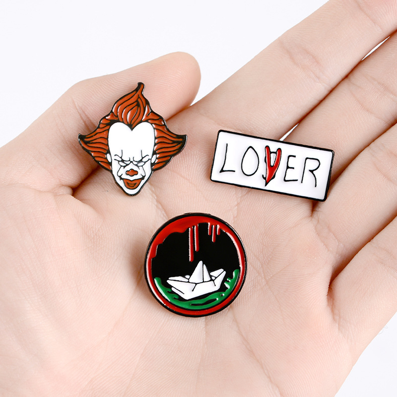 

New Dark Punk Clown Brooches LOVER Red Cartoon Paper Boat Enamel Pins Creative Fashion Jewelry For Women Men Backpack Lapel Denim Badges