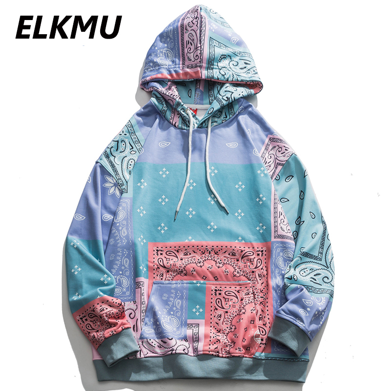 

ELKMU Streetwear Bandana Patchwork Hoodies Sweatshirts Men Hip Hop Casual Autumn Hooded Pullover Harajuku Tops Oversize HE108, As picture