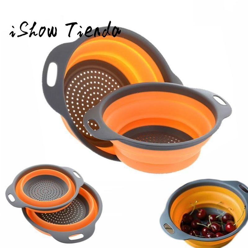 

Foldable Silicone Colander Fruit Vegetable Washing Basket Strainer Collapsible Drainer With Handle Kitchen Tool #P