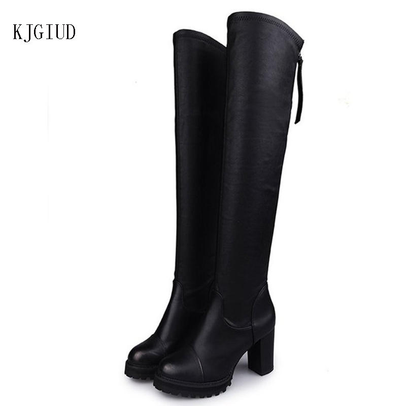 

Spring New Female Long Tube Over The Knee Boots Female Winter Stretch Leather Boots Thick With High Heel Stovepipe, Black single