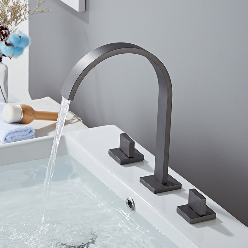

Basin Faucet Gun Grey Sink Tap Gold Square Brass Faucet Bathroom Sink 3 Hole Double Handle Hot And Cold Water Tap