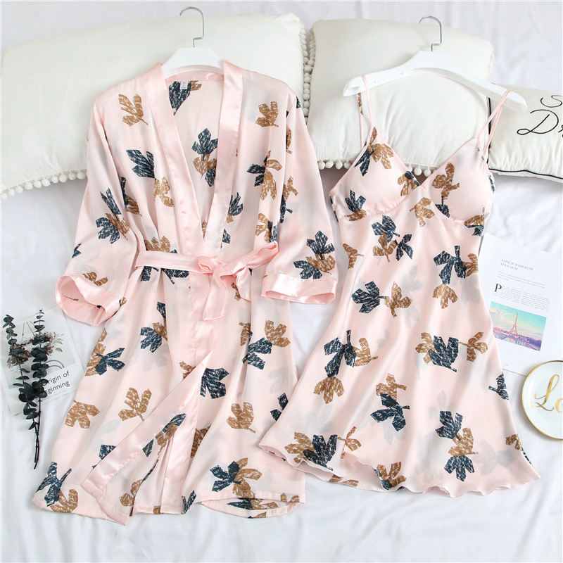 

Summer 2PCS Sleepwear Casual Kimono Bathrobe Gown Print Wedding Robe Set Soft Satin Nightgown Intimate Lingerie Sexy Homewear, Navy blue3