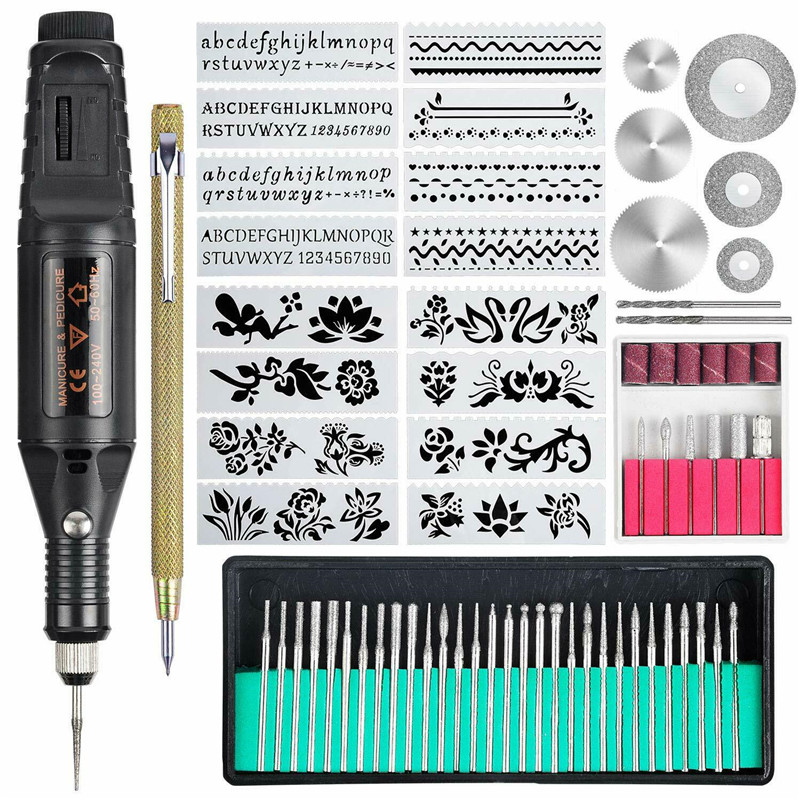 

1 Set Kit Nail Manicure Micro Electric Jewelry Glass Wood Metal Ceramic Plastic with Scriber Accessories Stencils Engraving Tool