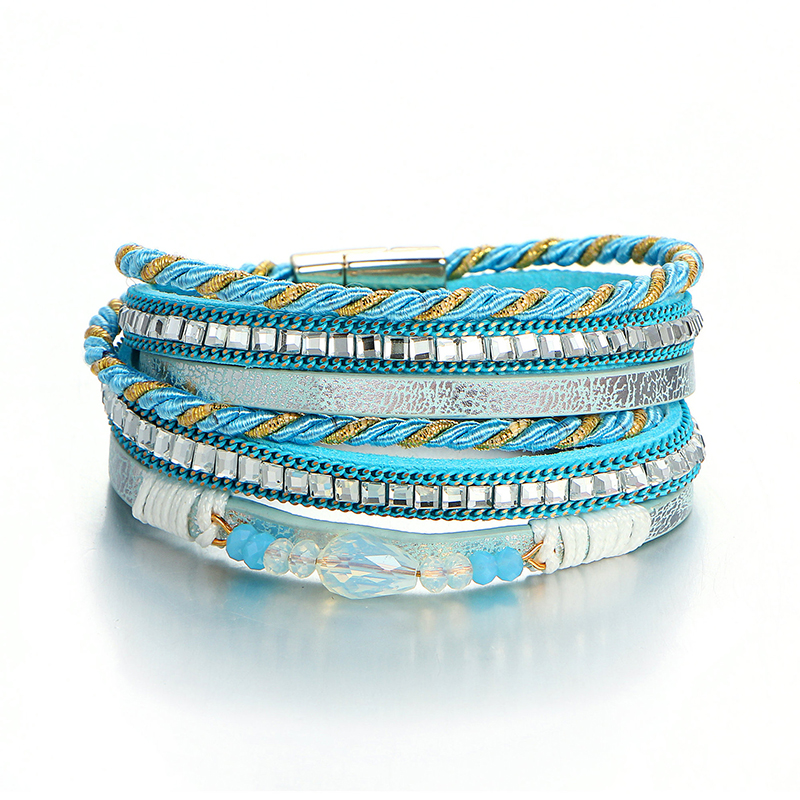 

Ocean Blue Multi-Layer Leather Wrap Bracelet Crystal Bead Braided Bracelets Magnetic Clasp Bracelet for Women