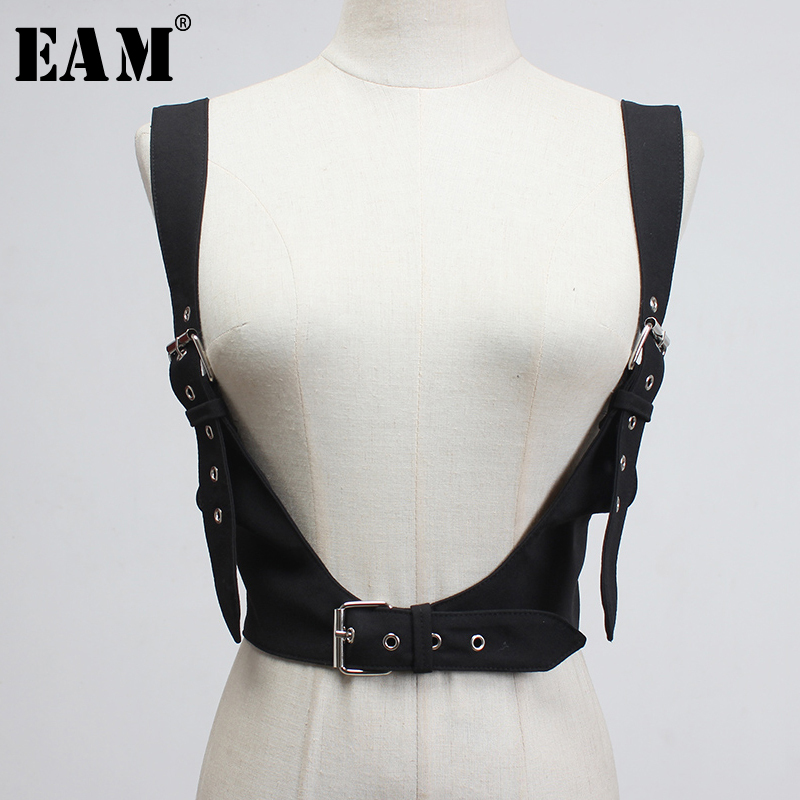 

EAM] Pu Leather Buckle Cross Bandage Strap Black Wide Belt Personality Women New Fashion Tide All-match Spring 2020 1U283