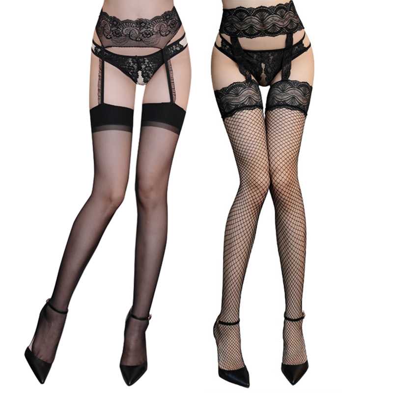 

Sexy Lingerie Women Lace Top Thigh High Stockings With Garters Ladies Open Crotch Underwear Intimates Sexy Fishnet Stockings Set, Black panties