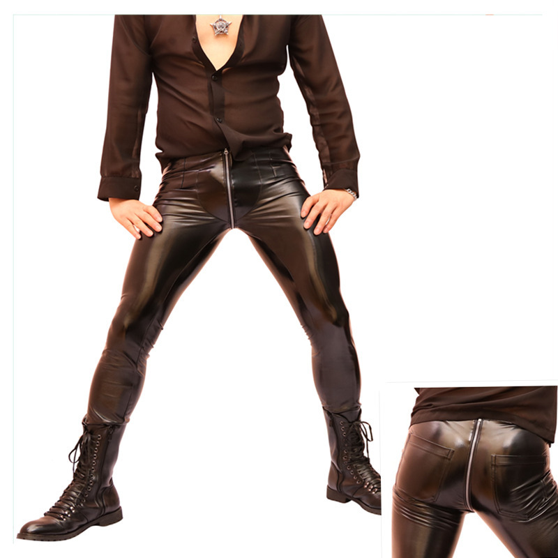 

Men Sexy Pants Faux Leather Trousers Zip Crotch Slim Tight Stretchy Bar Stage Nightclub Stylish, Black