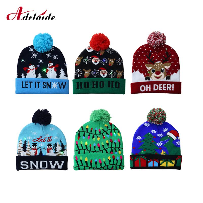 

New LED Knitted Christmas Hat Warm Protective Cap LED Christmas decorations ruffled Cap Party Colorful Light Adult Kids Warm Hat